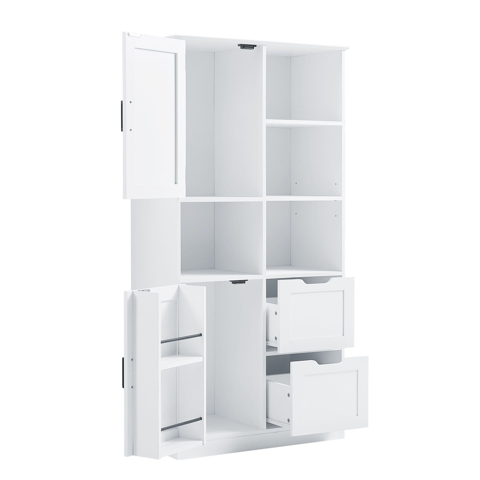 Freestanding Bathroom Storage Cabinet With Doors And Drawers, Adjustable Shelf, Open Shelves - White