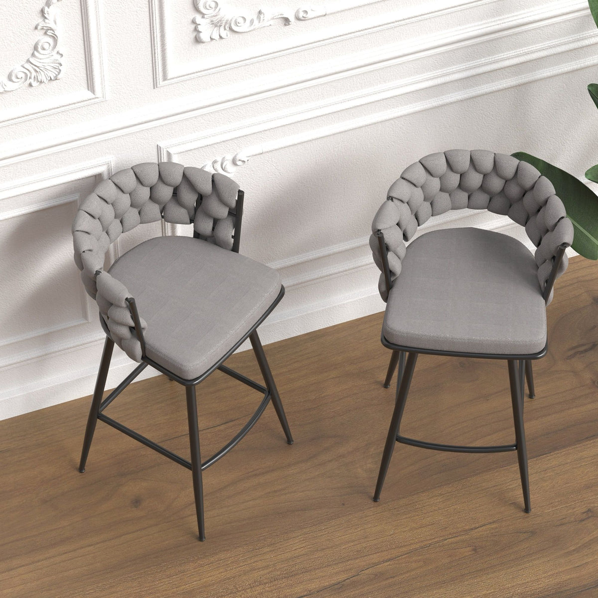 28" Bar Chair Linen Woven Bar Stool (Set of 2) Upholstered With Legs, 360 Swivel, Counter Arm Chairs With Back Footrest - Gray