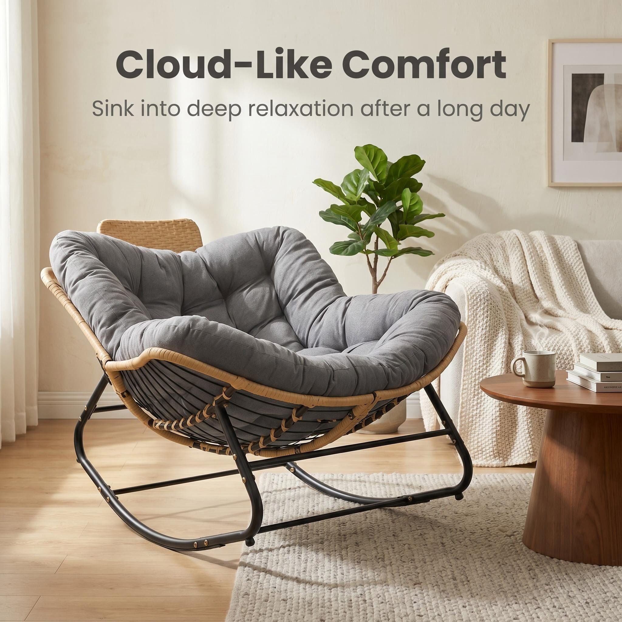 Oversized Papasan Rocking Chair Outdoor With Thick Cushion