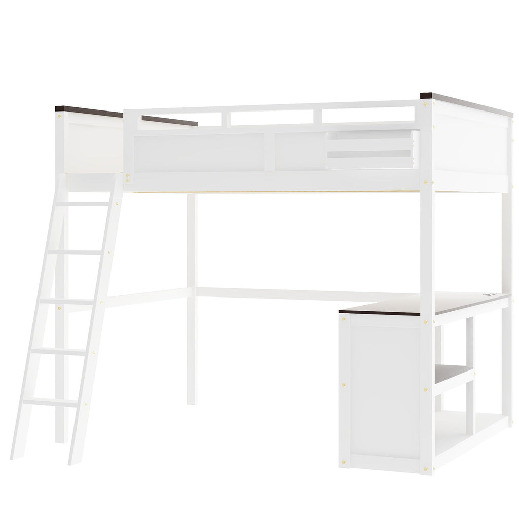 Queen Size Loft Bed With Desk, Open Shelf, Storage Box And USB Charging Station - White
