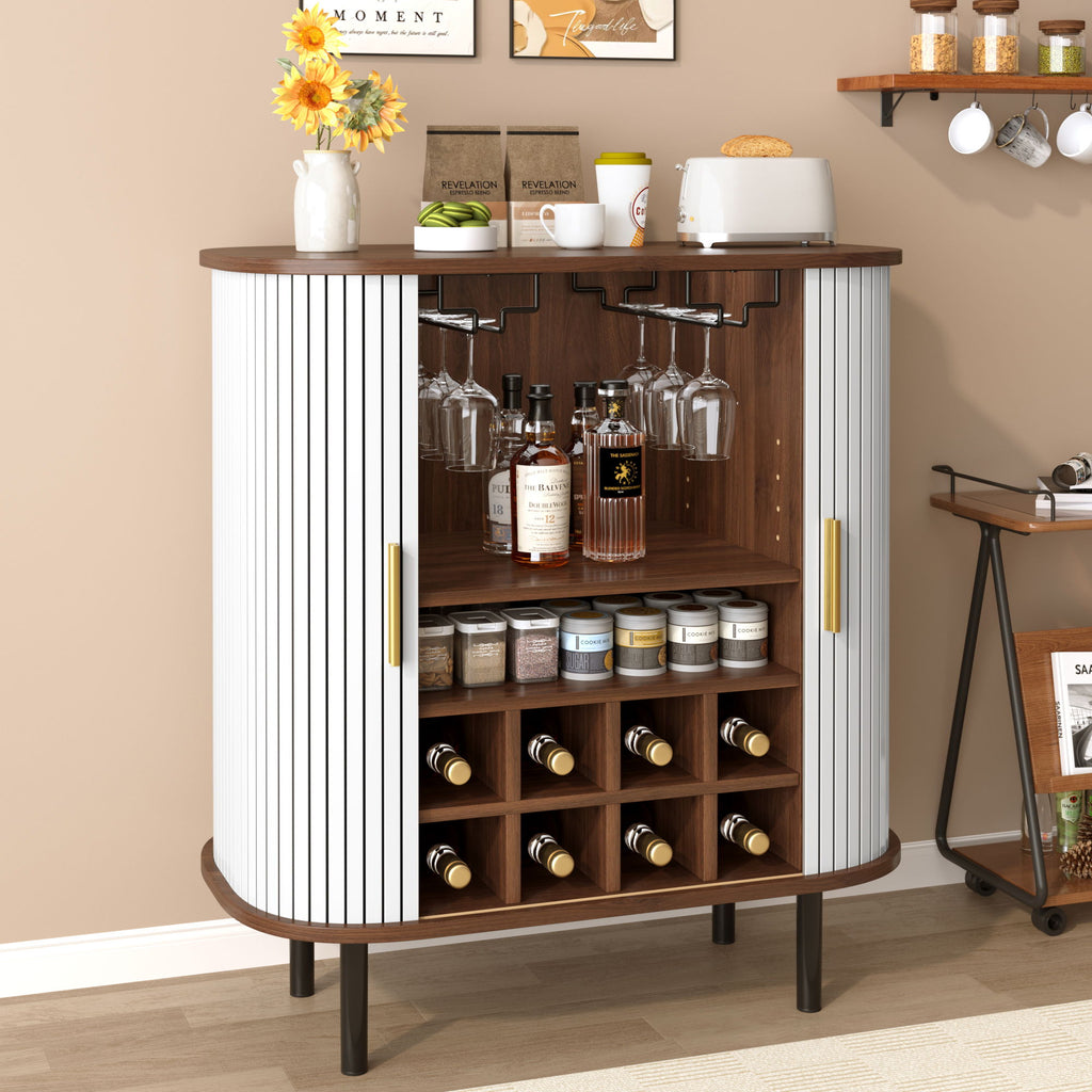 Fluted Wine Bar Cabinet With 8 Grid Wine Rack, 5 Level Adjustable Shelves, 2 Glass Holders