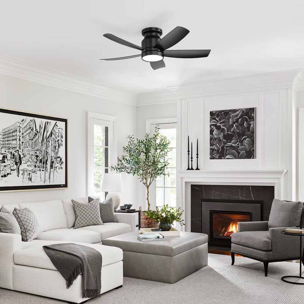 Flush Mount Ceiling Fan With LED Light 22W And Remote Control Blades For Indoor Use - Black