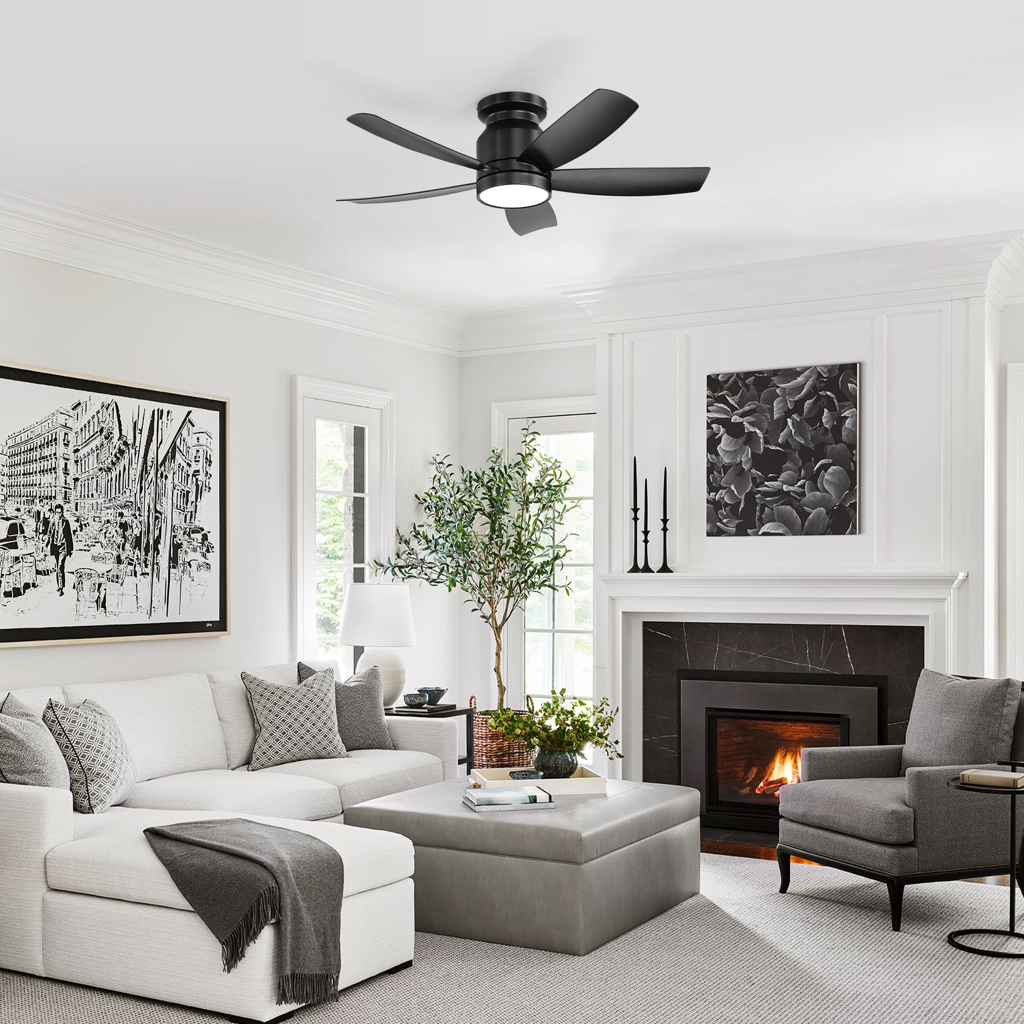 Flush Mount Ceiling Fan With LED Light 22W And Remote Control Blades For Indoor Use - Black