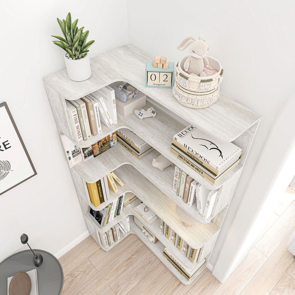 L-Shaped Corner Bookshelf 90Cm Extended Size 5 Tier Freestanding Display Shelf With Anti Tip Safety Features - Light Gray