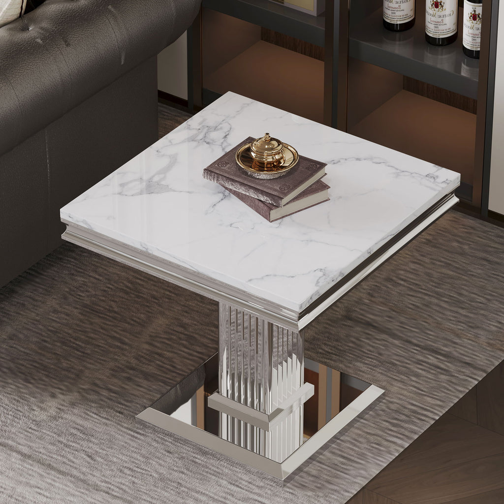 Marble Printed Top Rectangular End Table, Base With Mirrored Finish