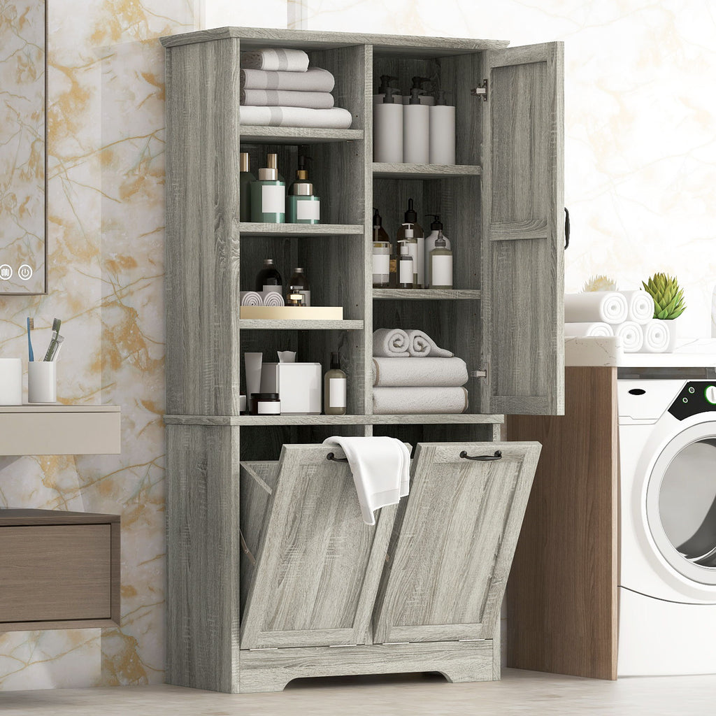 Freestanding Storage Cabinet With Doors, Tilt Out Drawers, Adjustable Shelves, Open Shelf, Bathroom & Laundry Room Organizer - Oak
