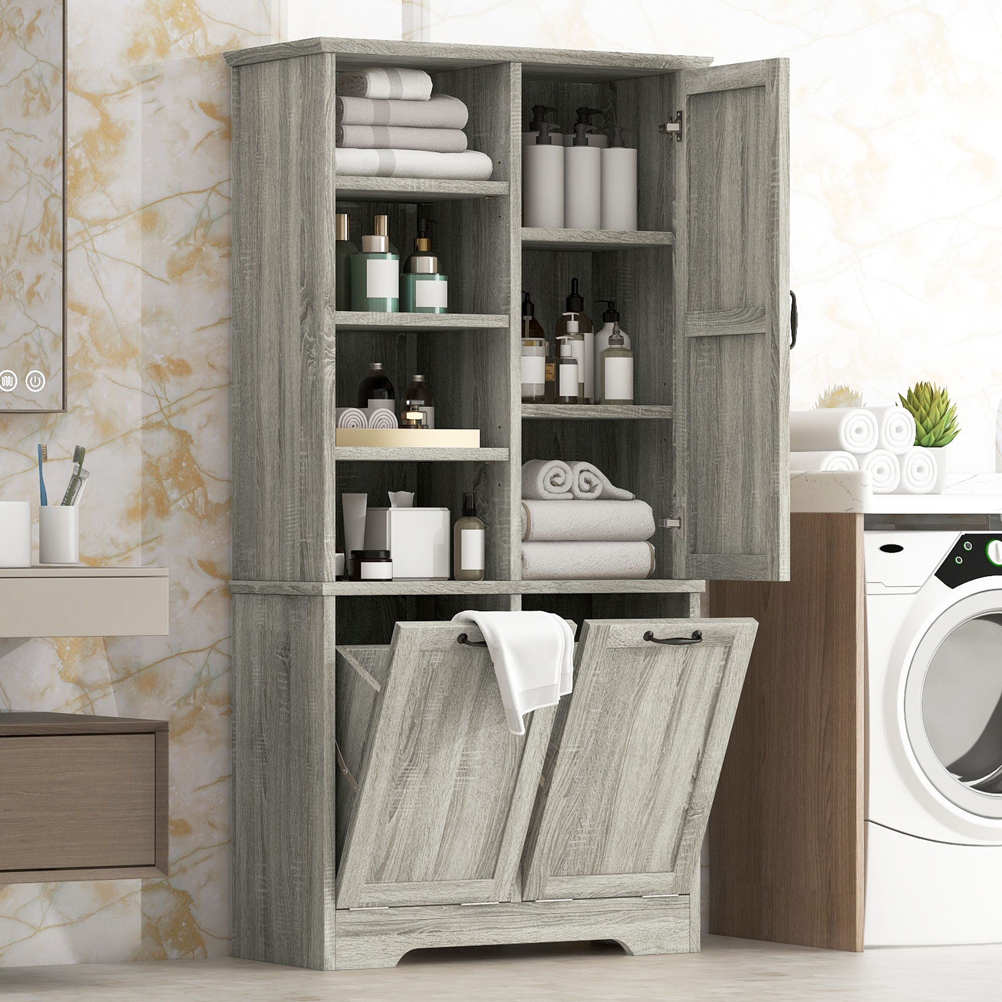 Freestanding Storage Cabinet With Doors, Tilt Out Drawers, Adjustable Shelves, Open Shelf, Bathroom & Laundry Room Organizer - Oak