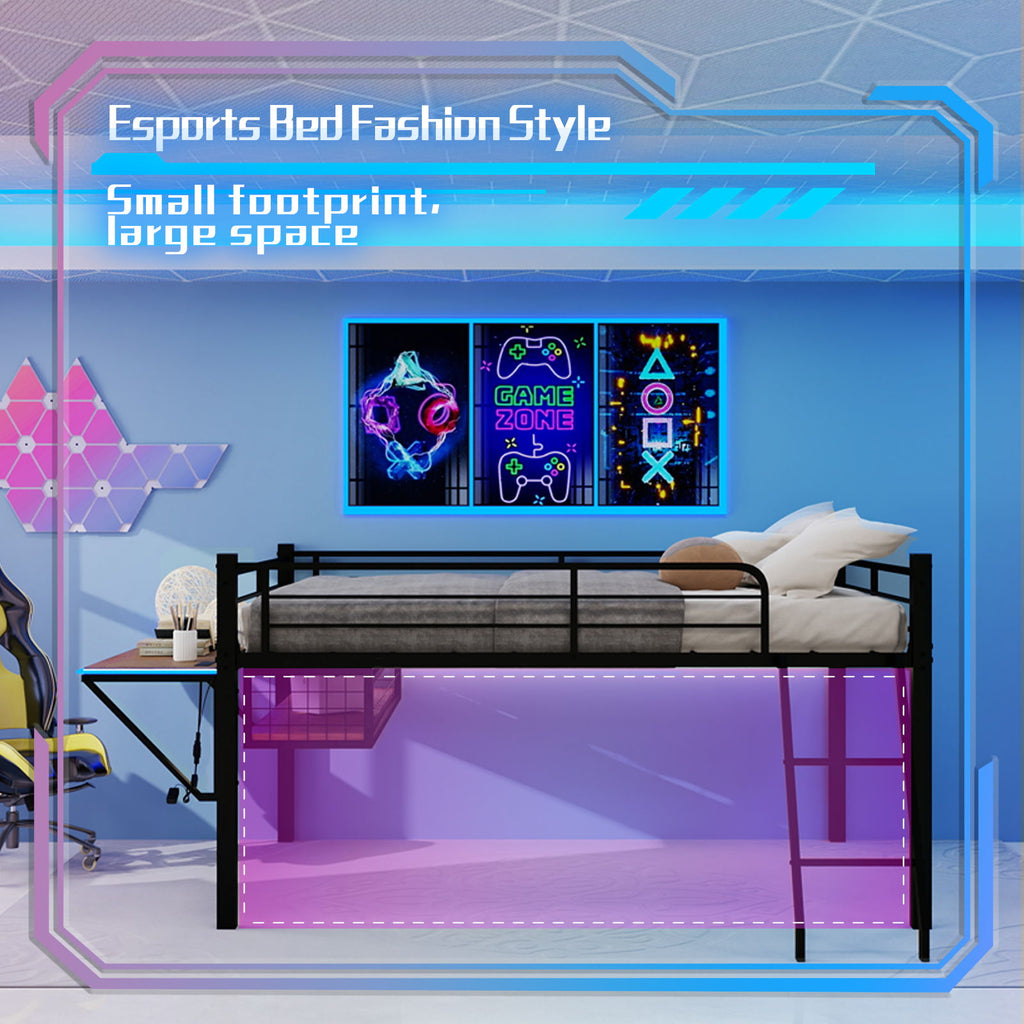 Loft Bed With Built In Desk, LED Light Strip