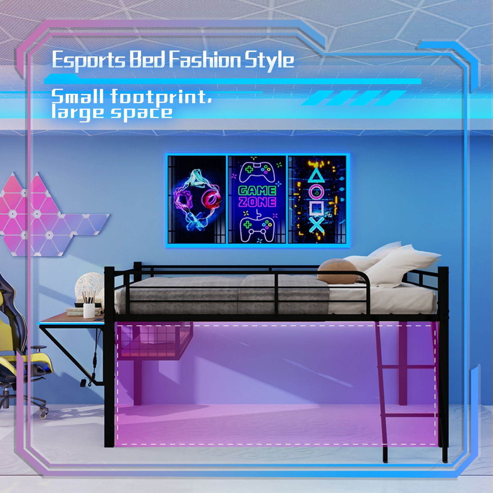 Loft Bed With Built In Desk, LED Light Strip