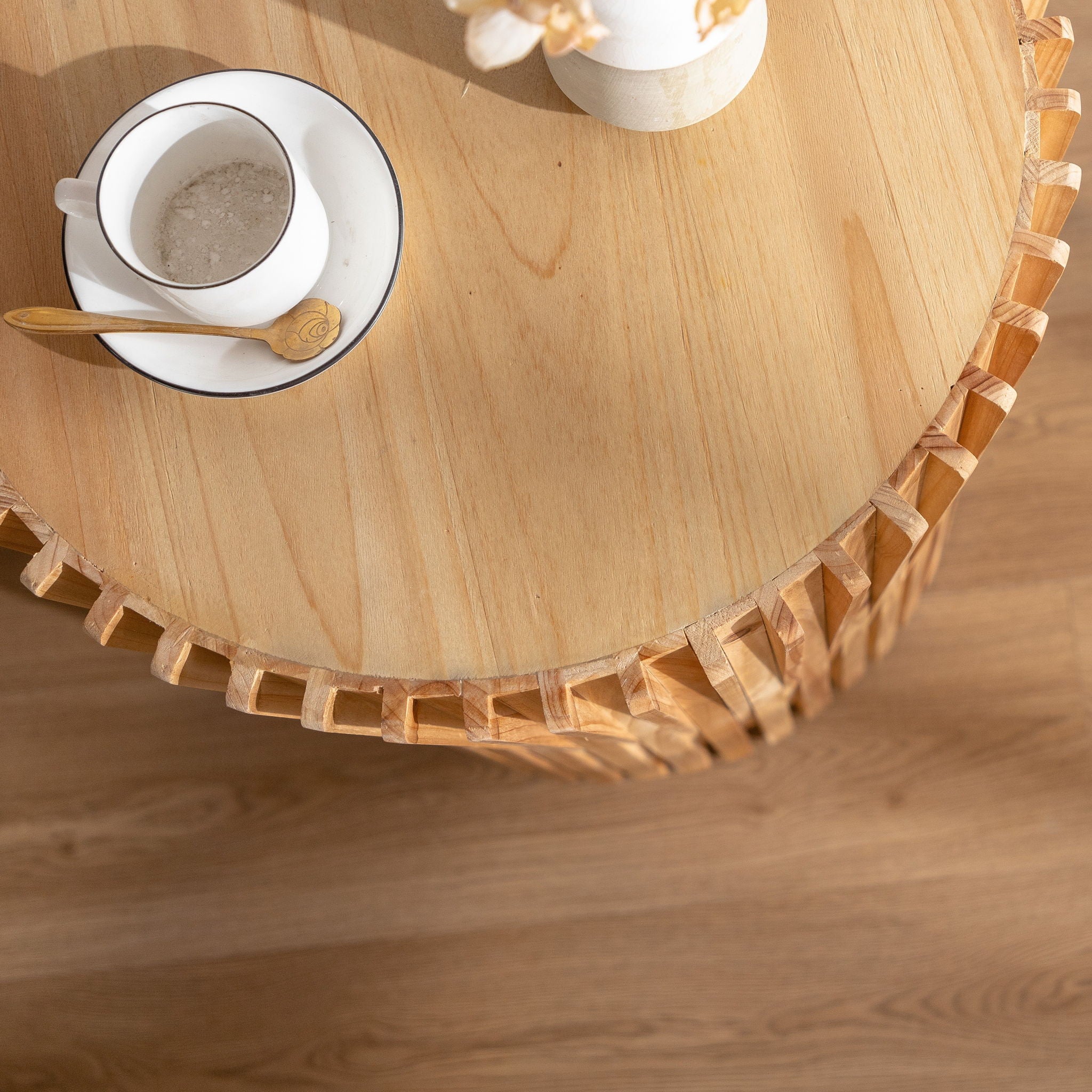 Cylindrical Side Table With Vertical Texture Relief Design - Natural