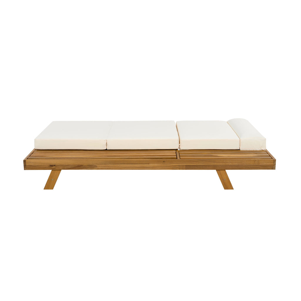Acacia Wood Lounge Chaise Set With Headrest And Water Resistant Cushions - Beige