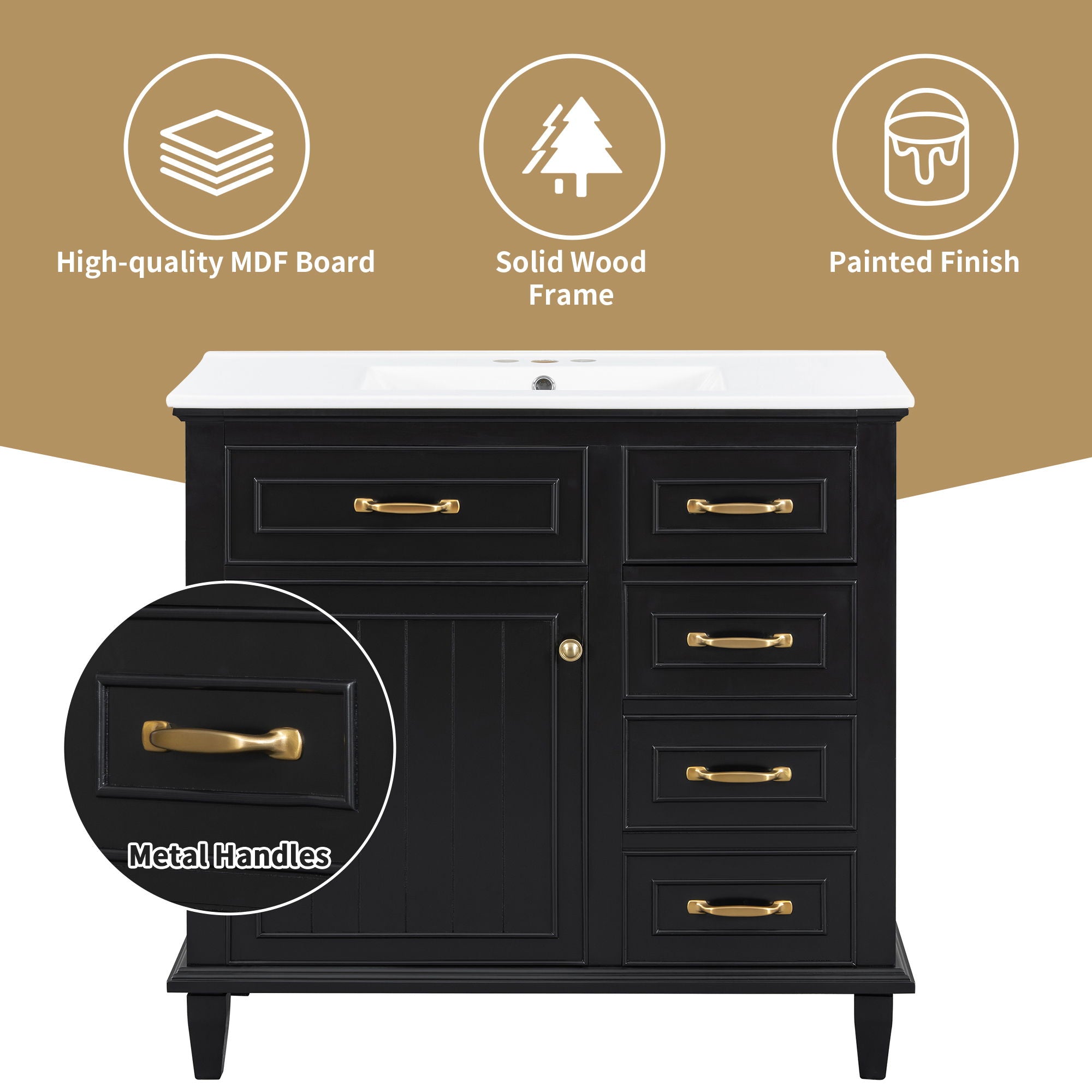 Modern Bathroom Vanity With Sink Top, Flip Drawers, Adjustable Shelf