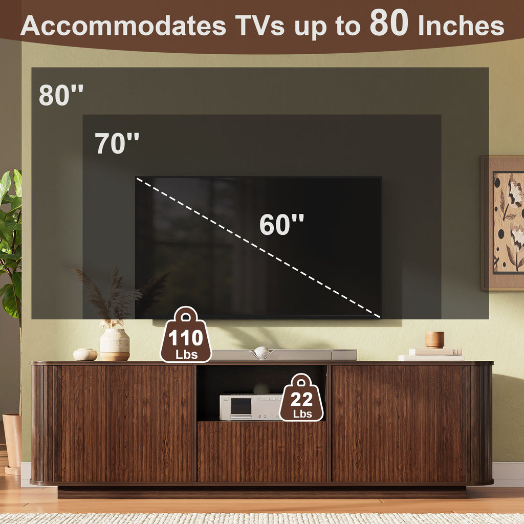 70" TV Stand With Ample Storage, Curved Corners - Dark Brown