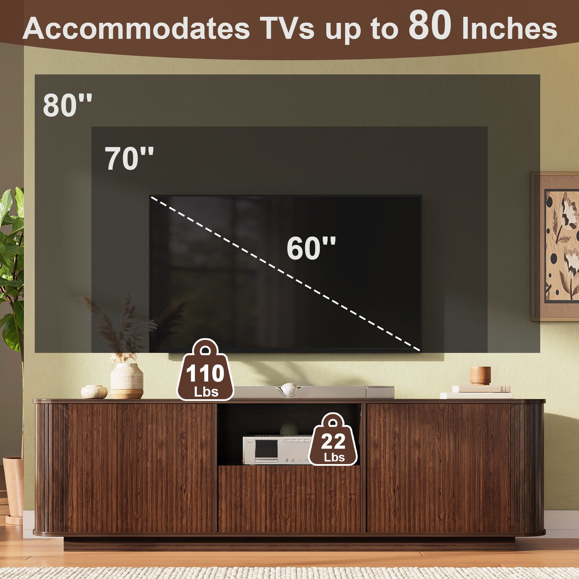 70" TV Stand With Ample Storage, Curved Corners - Dark Brown