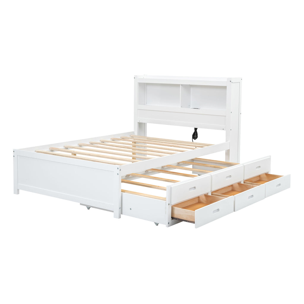 Full Size Platform Bed With Trundle, Drawers, USB Ports And Built In Shelves - White