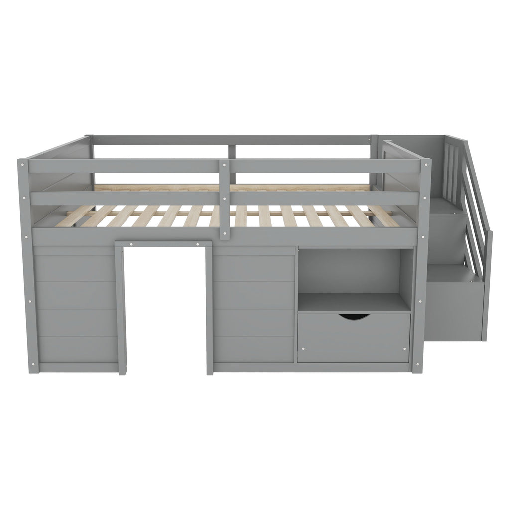 Low Loft Bed Frame With Built In Stairs, Storage Drawer, Shelf And 7 Color LED Light