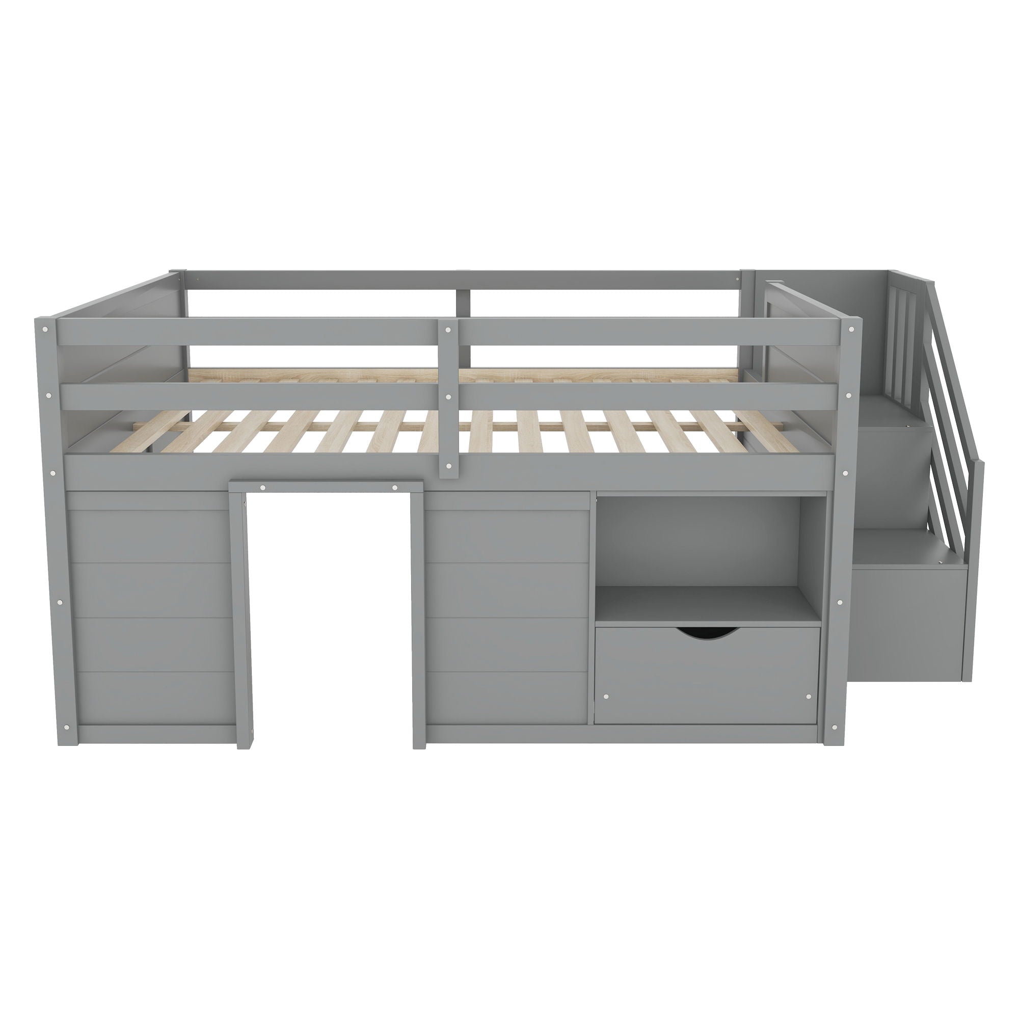 Low Loft Bed Frame With Built In Stairs, Storage Drawer, Shelf And 7 Color LED Light