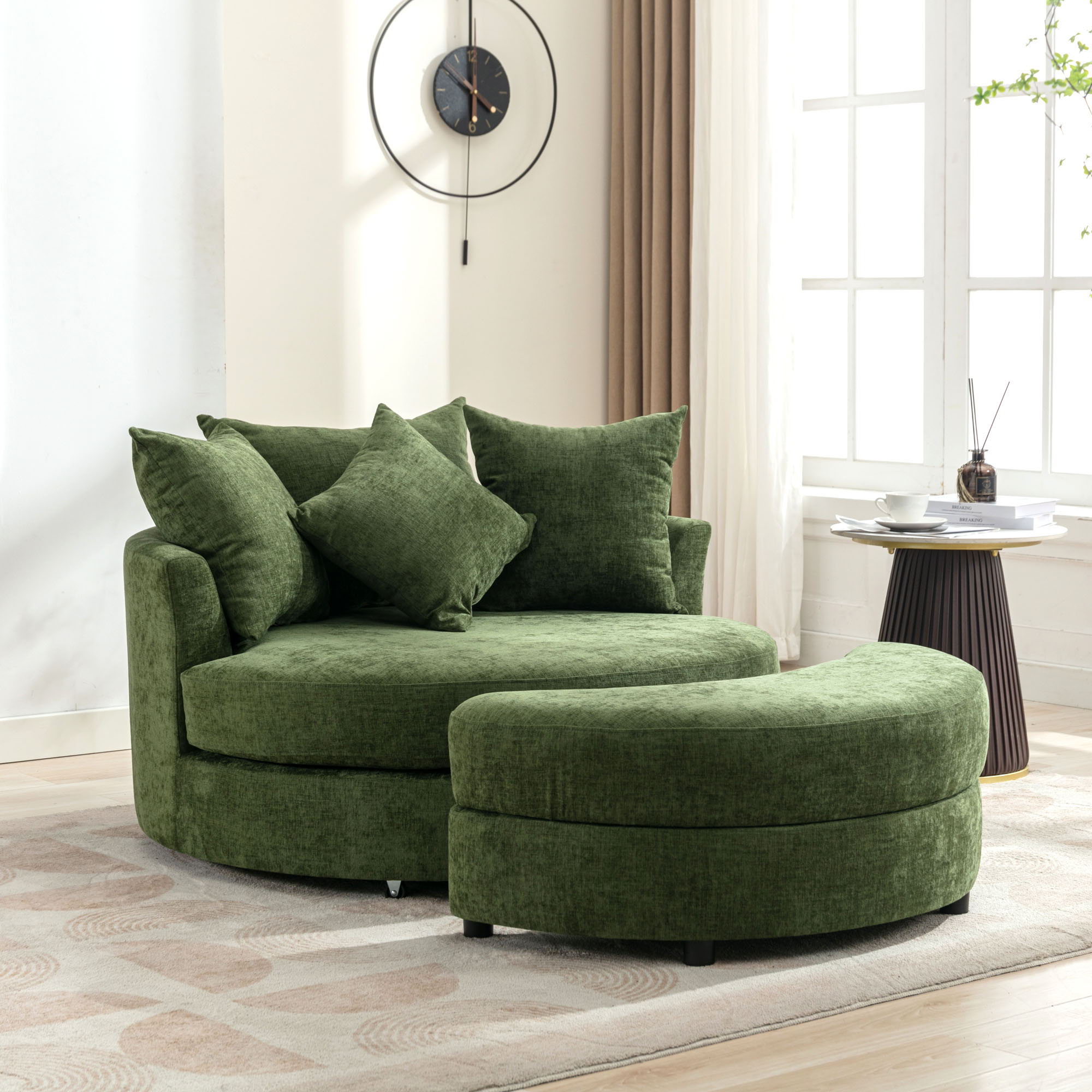 360° Swivel Accent Barrel Chair With Storage Ottoman & 4 Pillows, Modern Leisure Chair Round Accent For Living Room