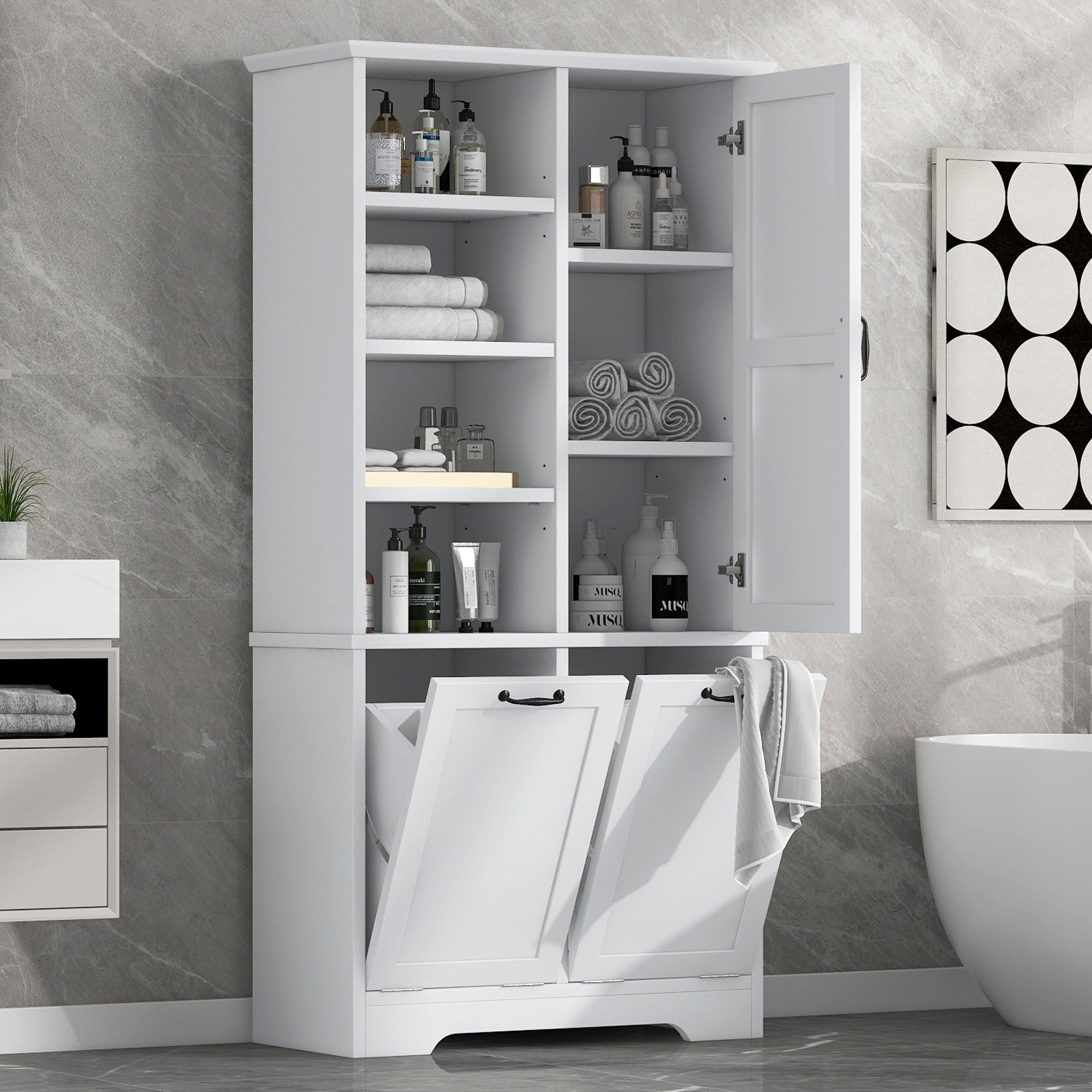 Freestanding Bathroom Storage Cabinet With Doors And Drawers, Adjustable Shelves, Tilt-Out Laundry Hamper