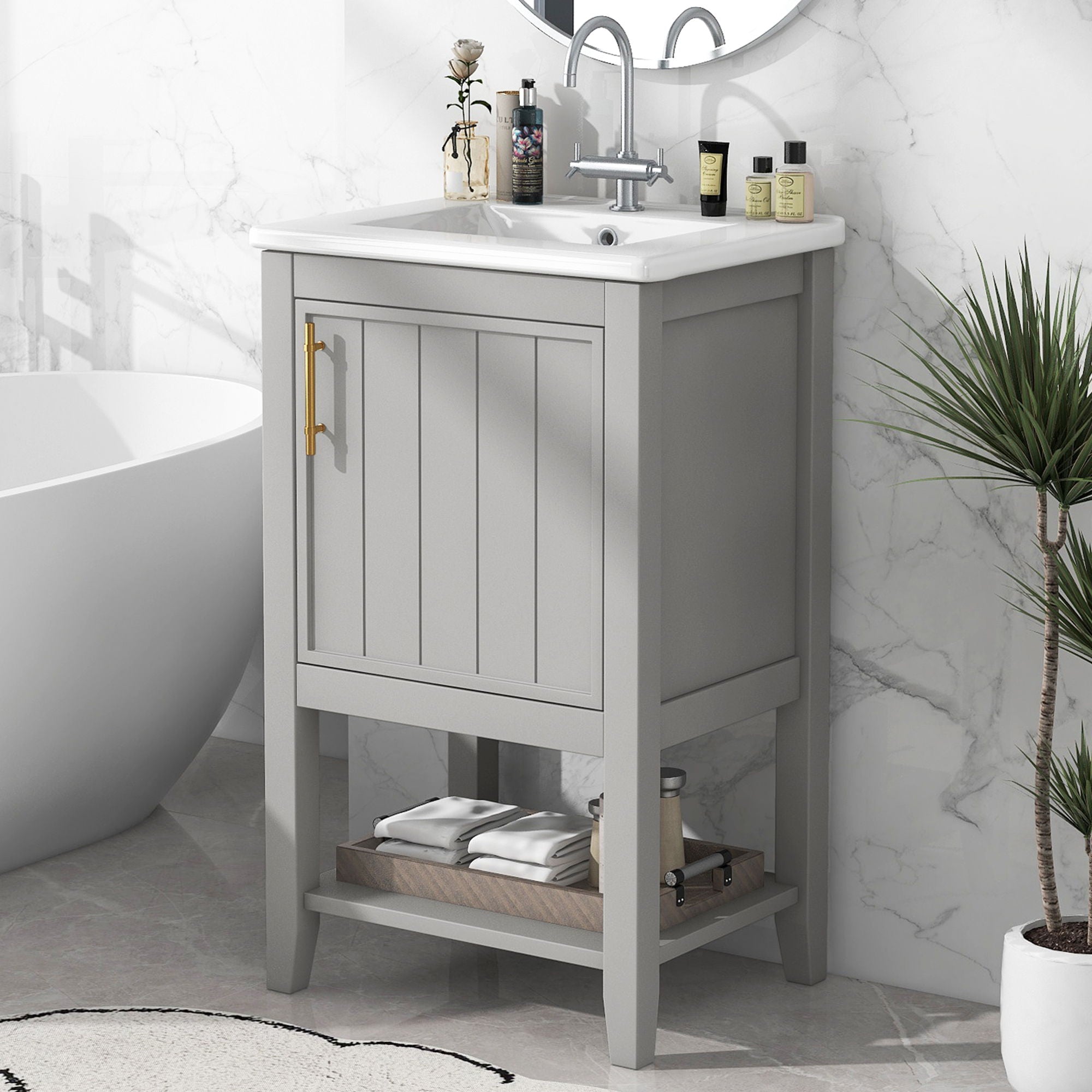 Modern Bathroom Vanity With Sink, Soft-Closing Door And Open Shelf