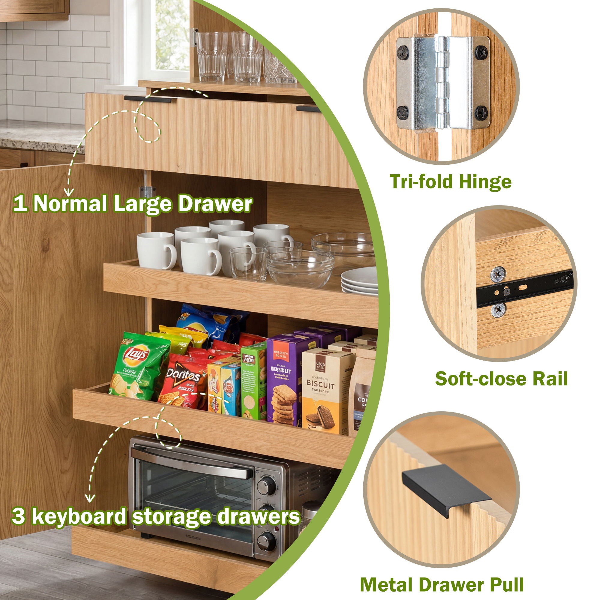 Fluted Kitchen Pantry Cabinet With 3 Keyboard Drawers & 6 Door Shelves Adjustable