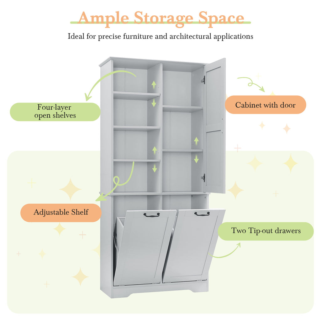 Freestanding Bathroom Storage Cabinet With Doors And Drawers, Adjustable Shelves, Tilt-Out Laundry Hamper