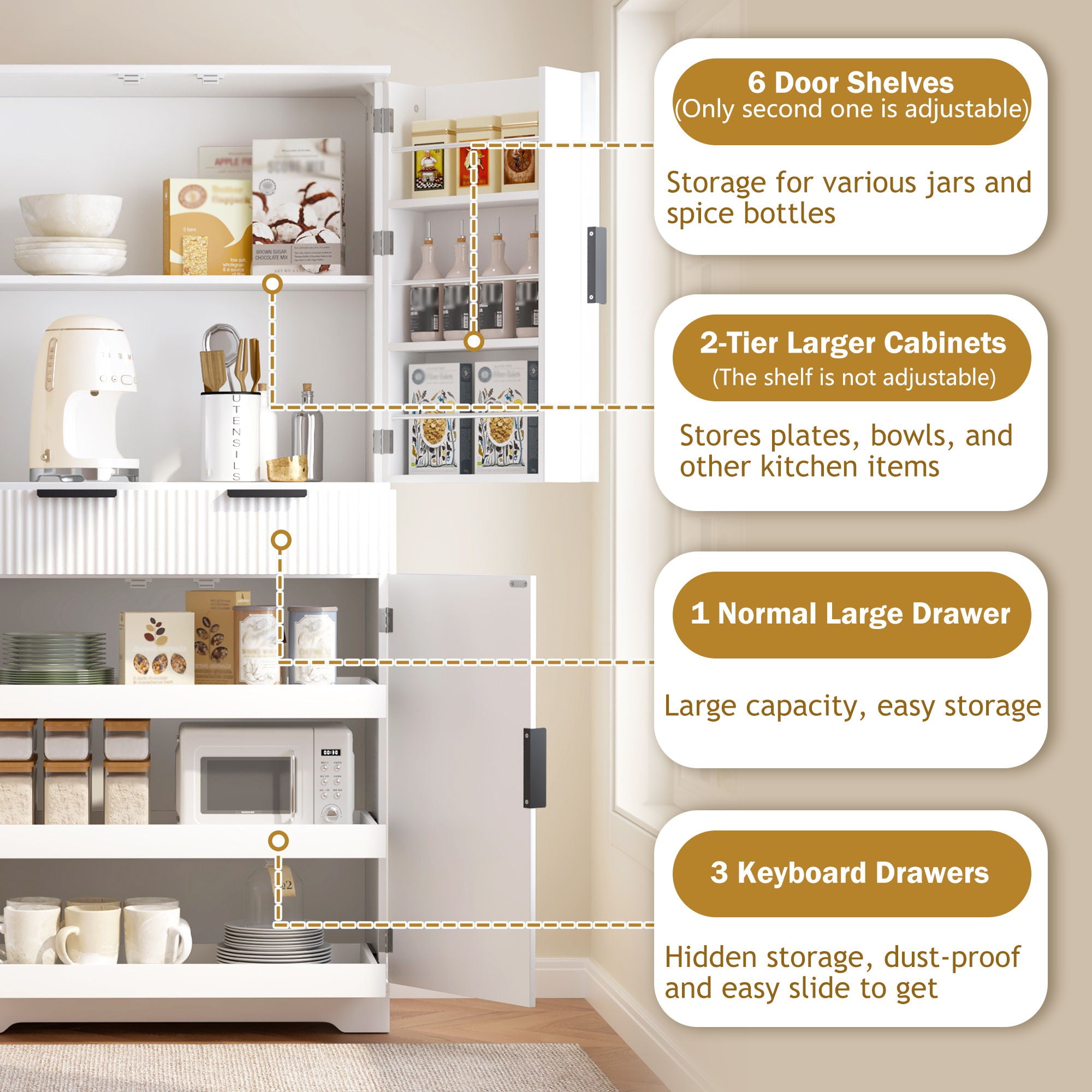 Fluted Kitchen Pantry Cabinet With 3 Keyboard Drawers & 6 Adjustable Door Shelves