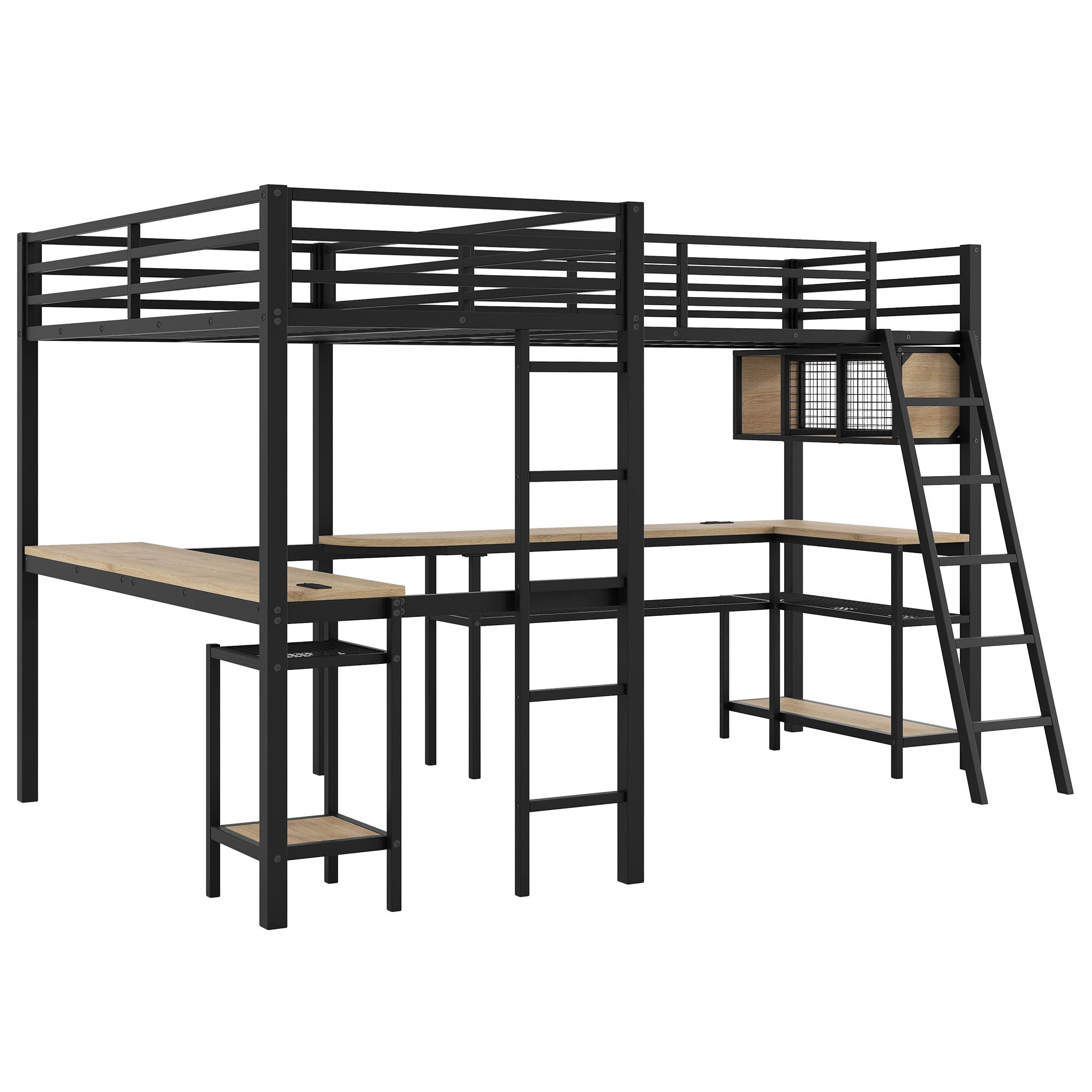 Mission Style Twin L-Shaped Loft Bed With LED, Storage Shelves, 2 Charging Stations, And 2 Built In Desks - Black
