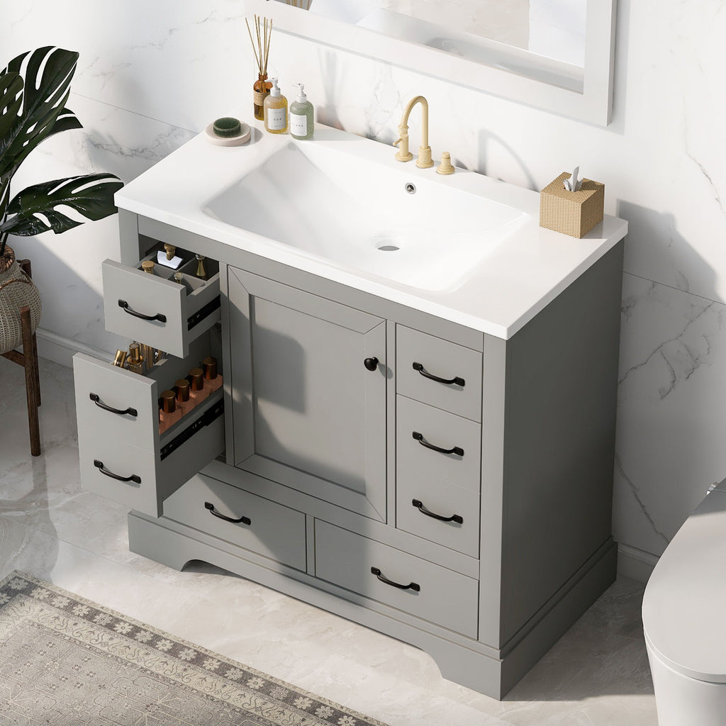 Modern Bathroom Vanity With Sink, 6 Drawers, Adjustable Shelf