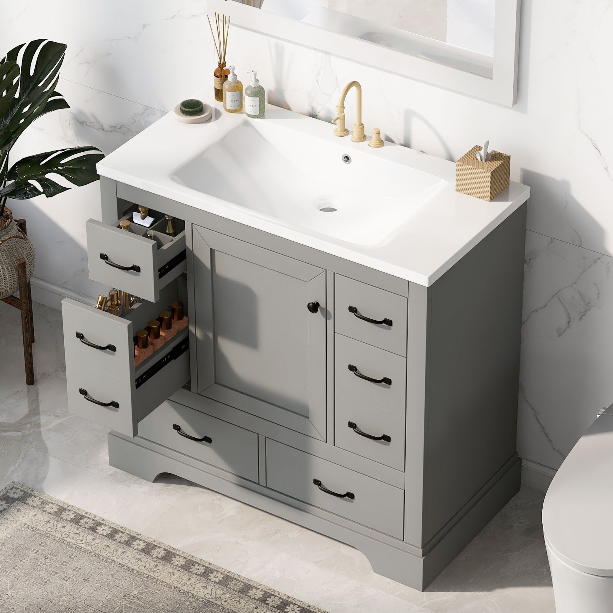 Modern Bathroom Vanity With Sink, 6 Drawers, Adjustable Shelf