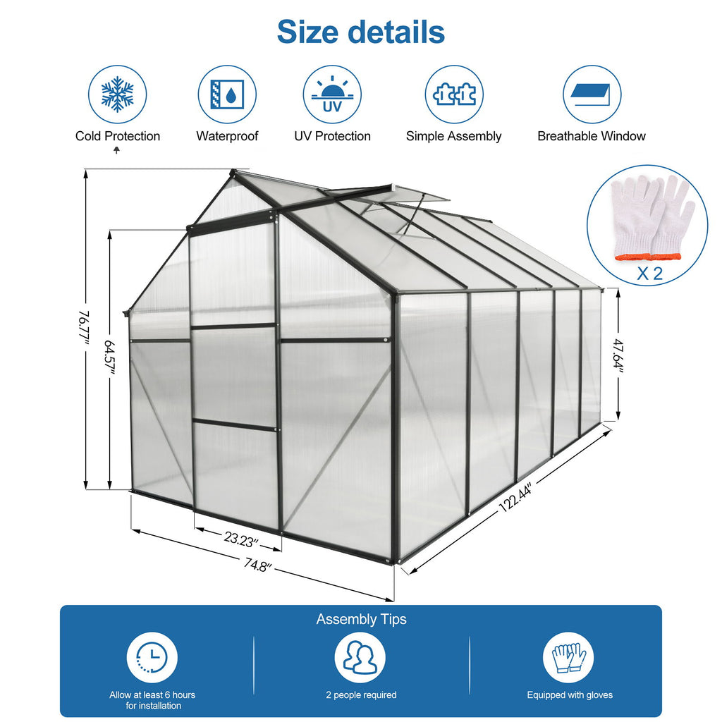 Polycarbonate house Raised Base And Anchor Aluminum Heavy Duty Walk-In houses For Outdoor Backyard In All Season