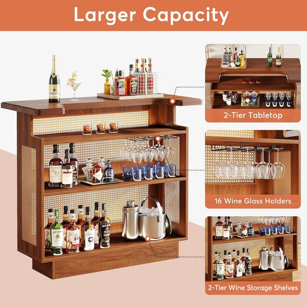 Home Bar Unit With 4 Tier Storage And Stemware Racks For Living Room - Brown