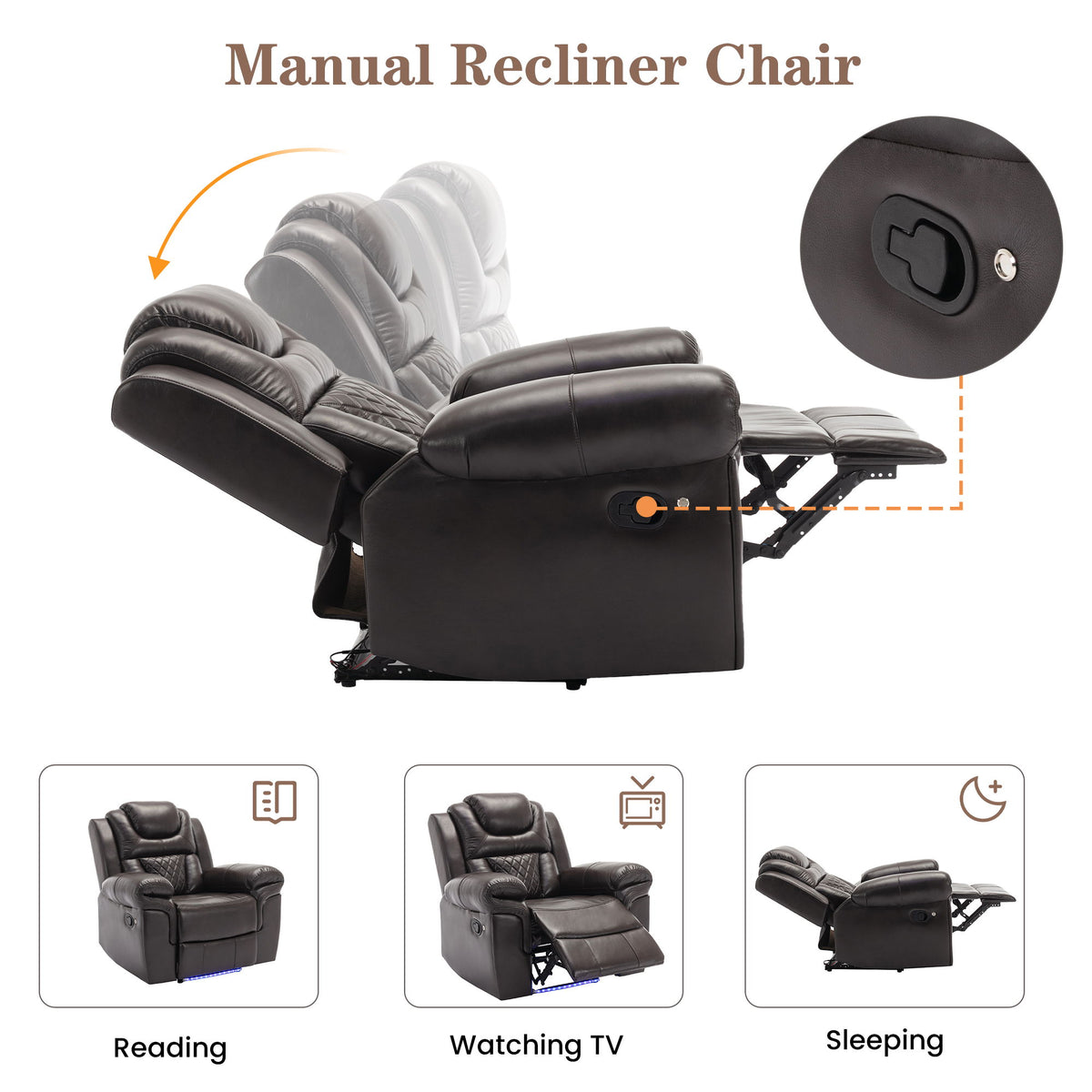 3 Pieces Recliner Sofa Sets Home Theater Seating Manual Recliner Chair & Center Console And LED Light Strip For Living Room - Brown