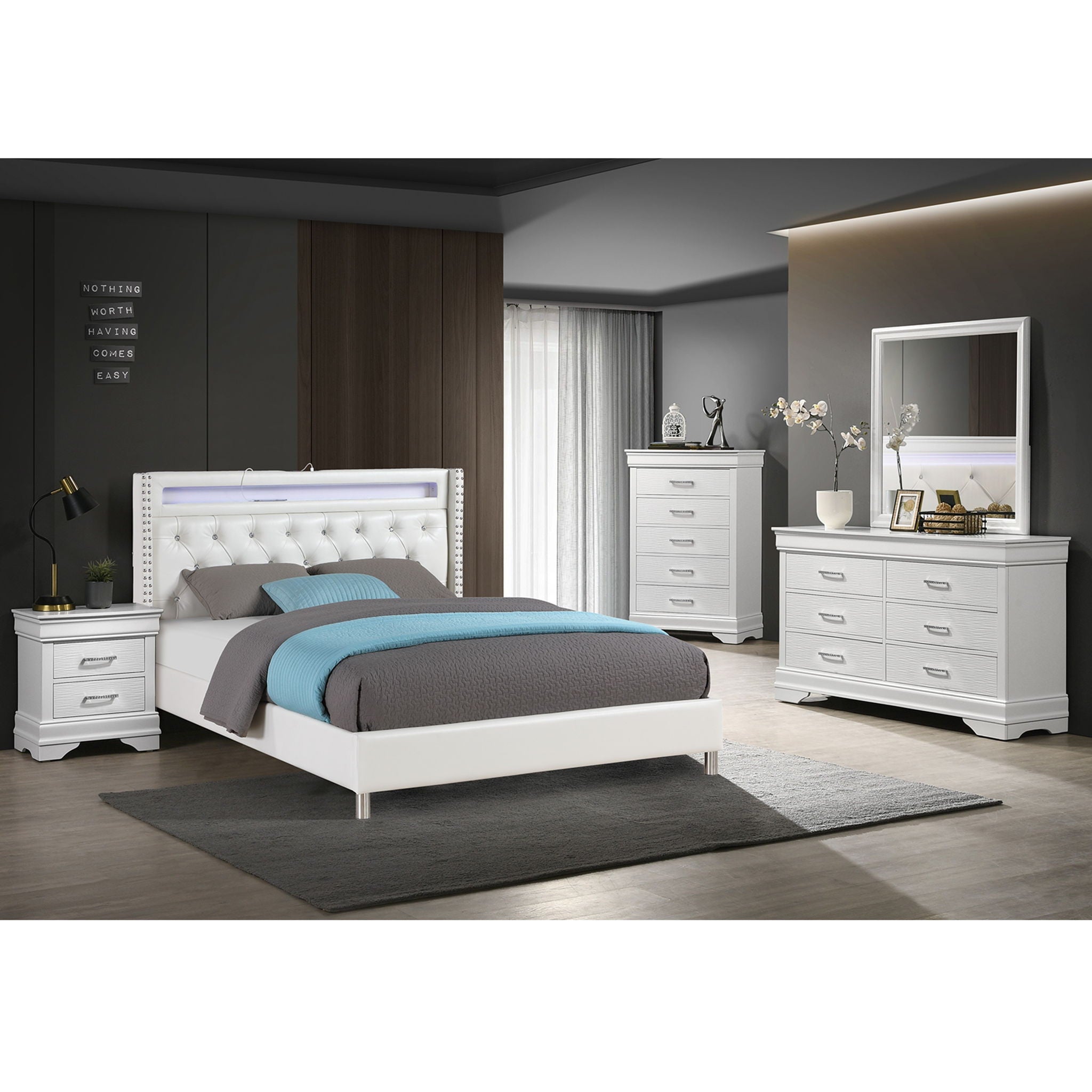 Modern Bed With LED Lights, Charging Port, Tufted Headboard