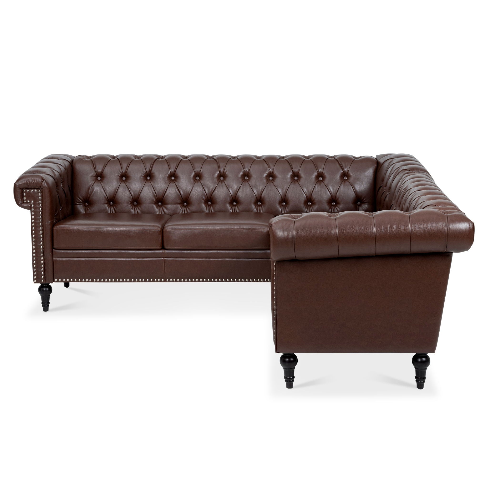 L Shaped Reversible Modern Chesterfield Sofa With Rolled Arms And Nailhead, 5 Seat Tufted Couch