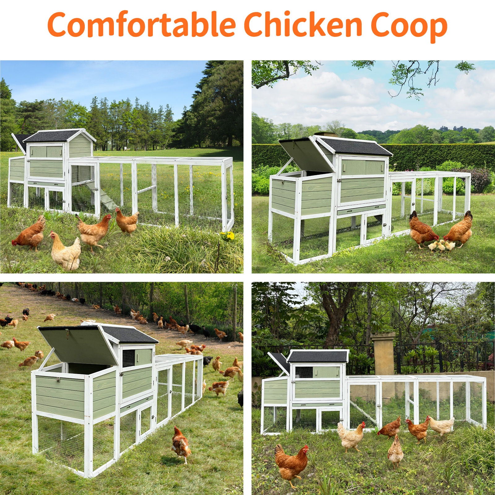Chicken Coop, Large Outdoor Hen House With Run And Nesting Box Poultry Cage, Rabbit Hutch - Gray Green