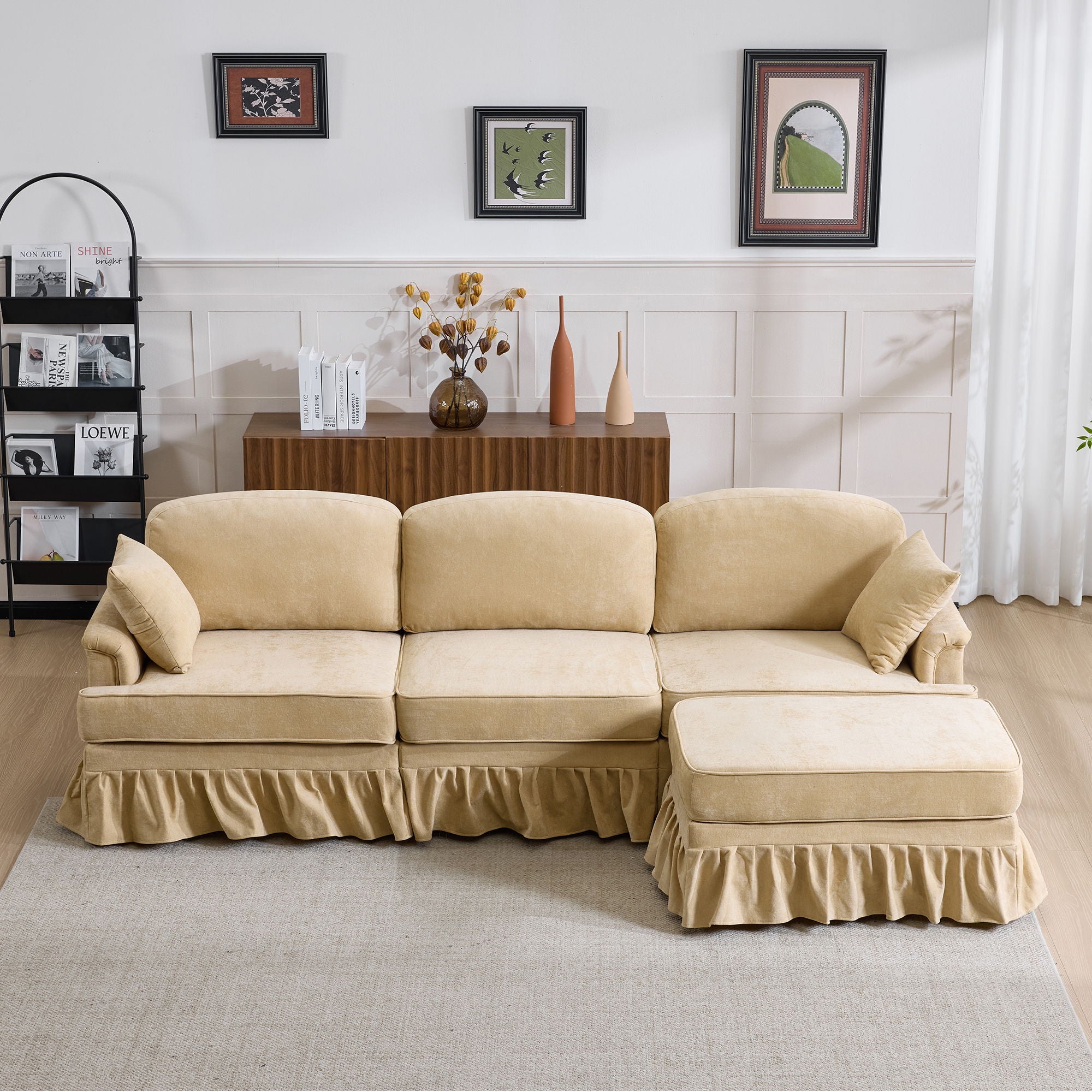 Cloud Sofa With Removable Ruffled Skirt With Ottoman And Flared Arms