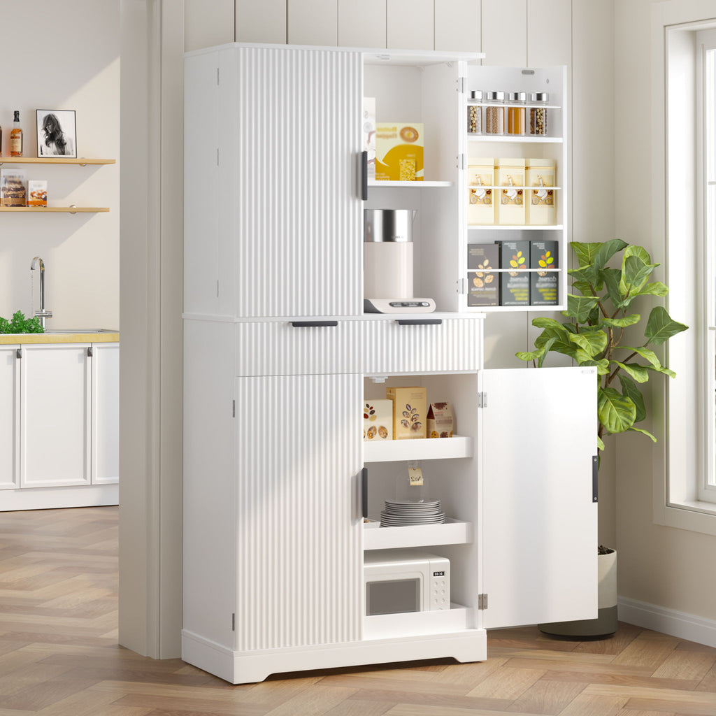 Fluted Kitchen Pantry Cabinet With 3 Keyboard Drawers & 6 Adjustable Door Shelves