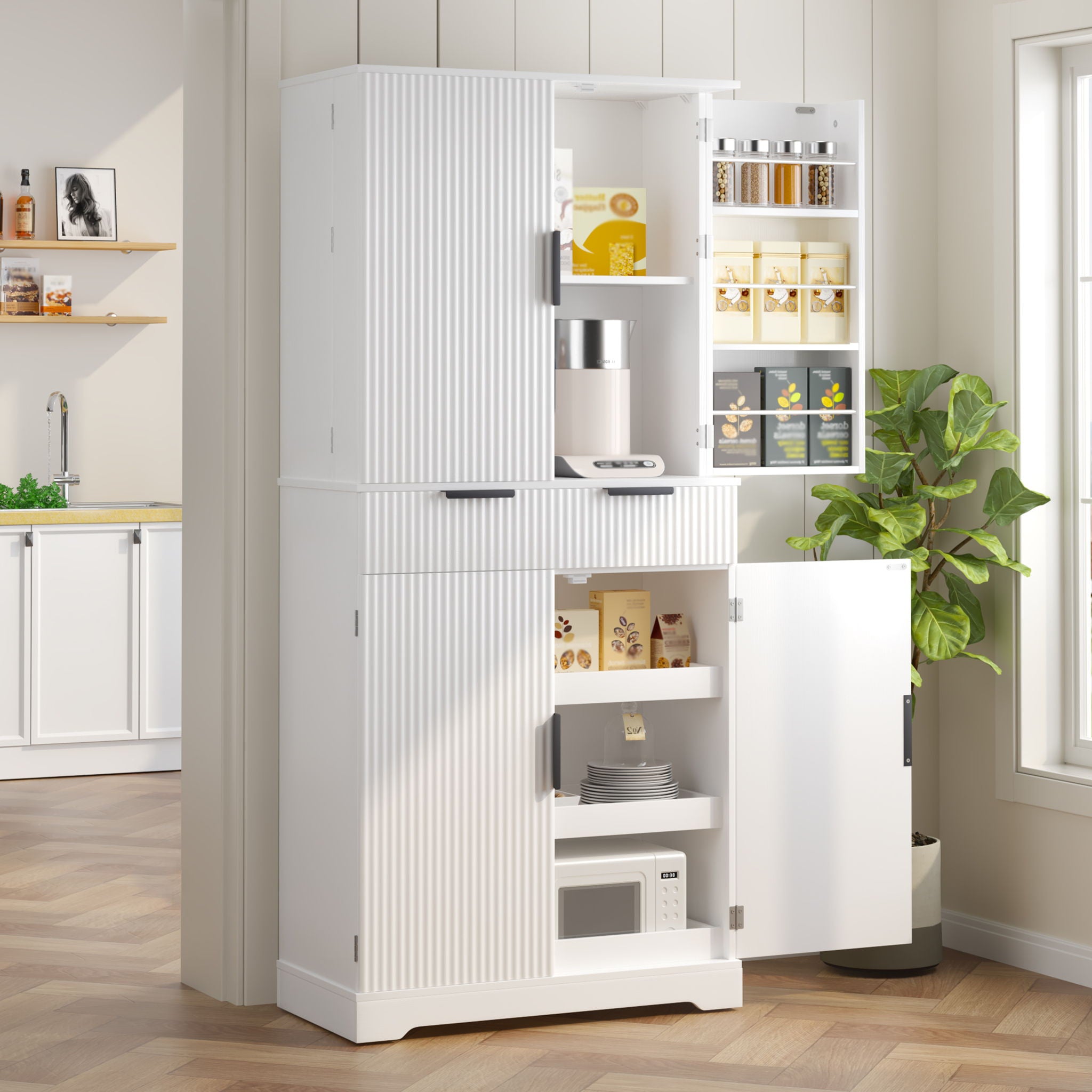 Fluted Kitchen Pantry Cabinet With 3 Keyboard Drawers & 6 Adjustable Door Shelves