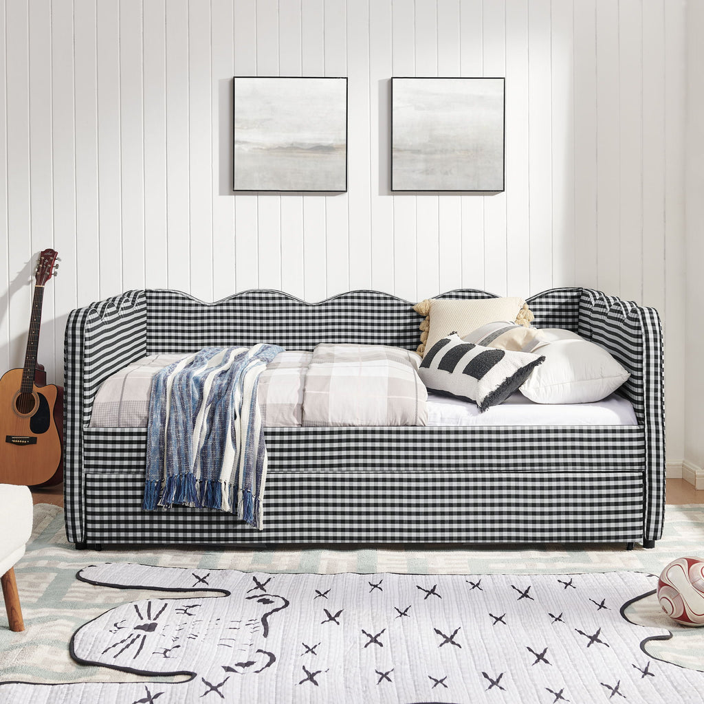 Gingham Daybed With USB Charging Port, Wave-Shaped Design
