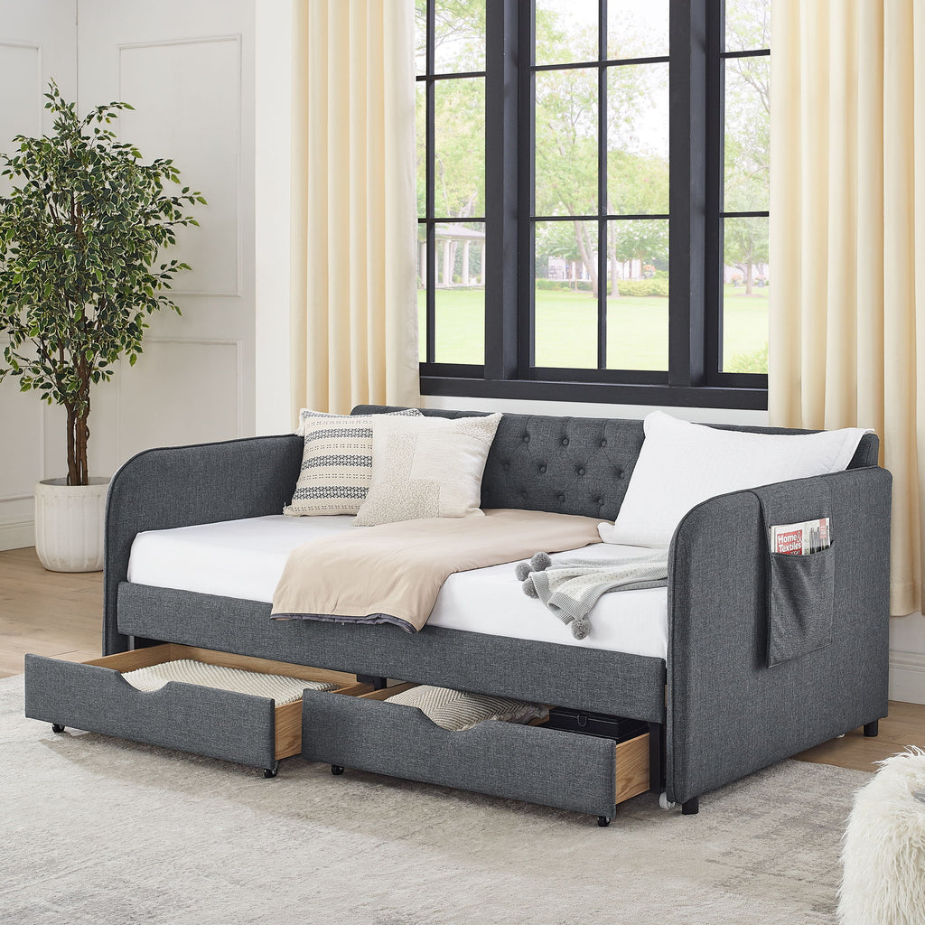 Daybed With Trundle And Storage Drawers, Flat Arms With Pocket