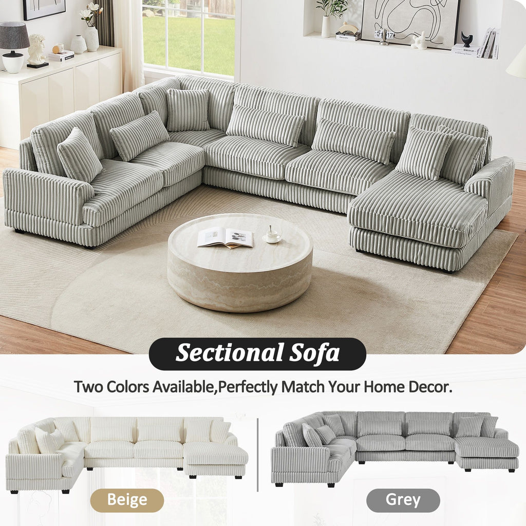 U - Shaped Sectional Sofa With Chaise Lounge, Oversized Living Room Sofa - Gray