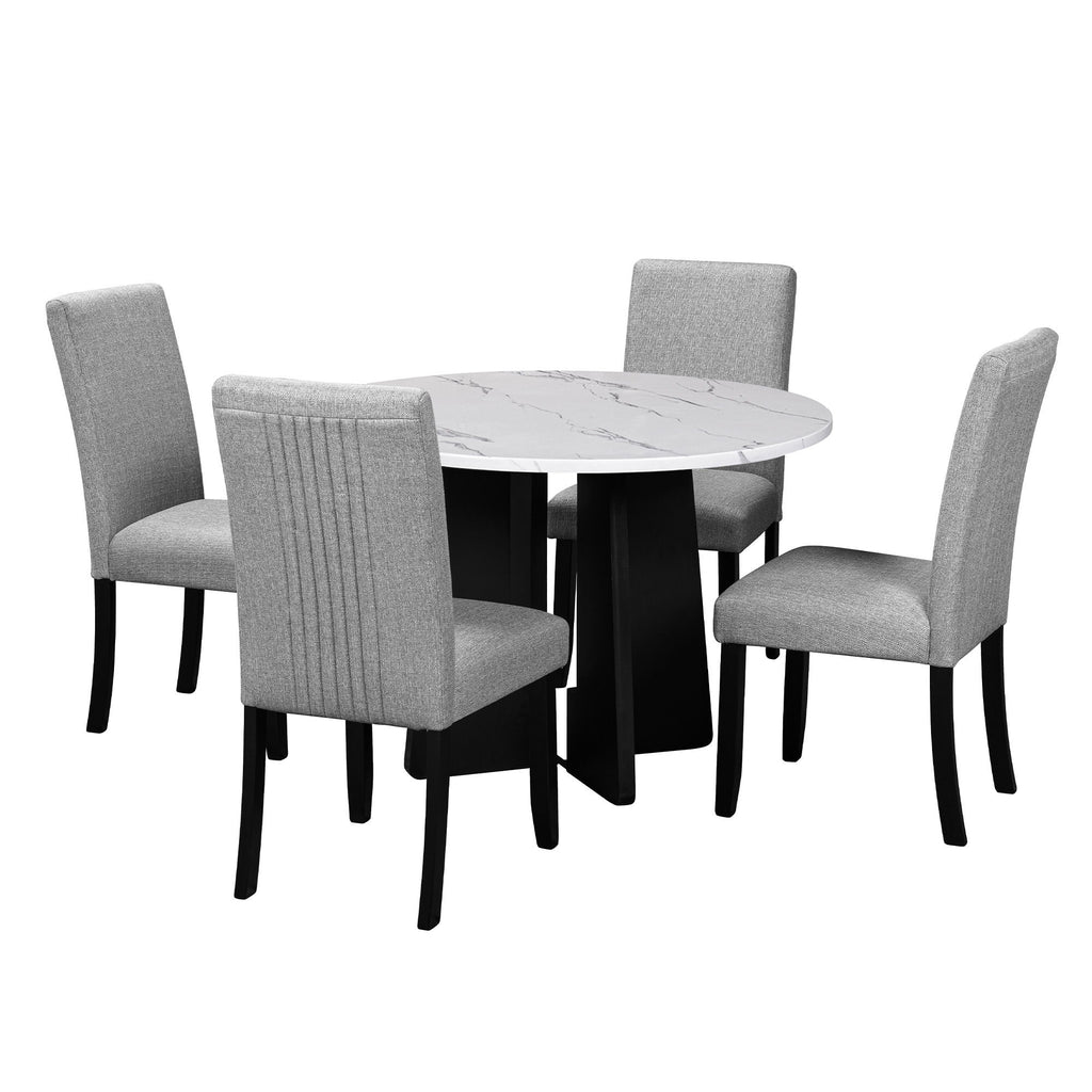 5 Piece Round Dining Table Set, Dining Table And 4 Upholstered Chairs For Dining Room, Kitchen Room, Living Room - White / Gray