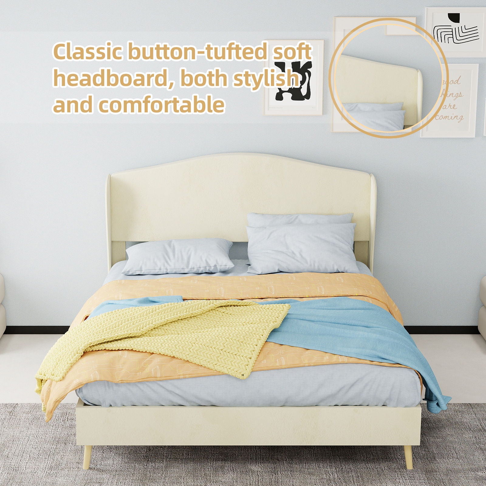 Upholstered Bed, Tufted Headboard, Comfortable Sleep