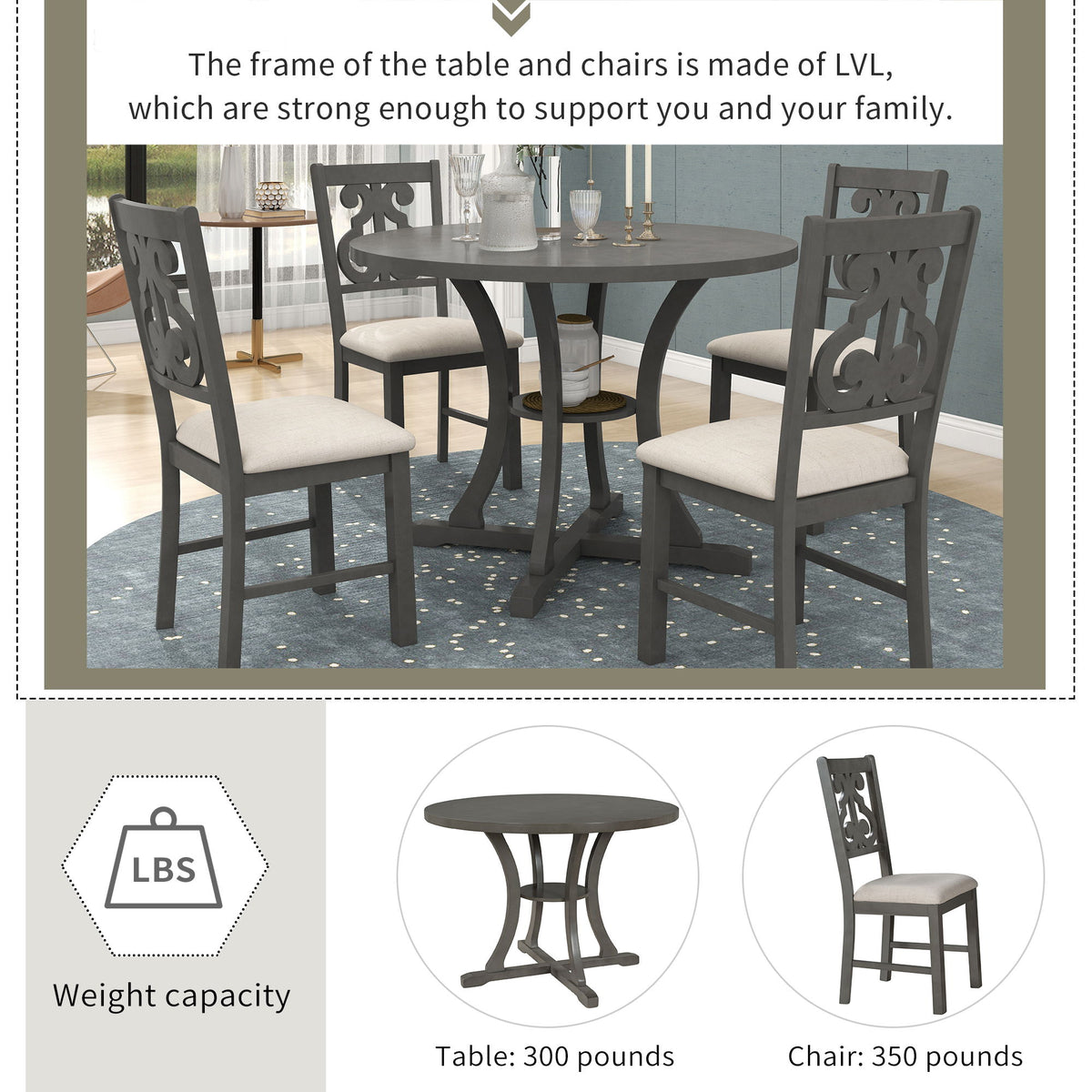 5 Piece Round Dining Table And Chair Set With Unique Legs And Hollow Chair Back