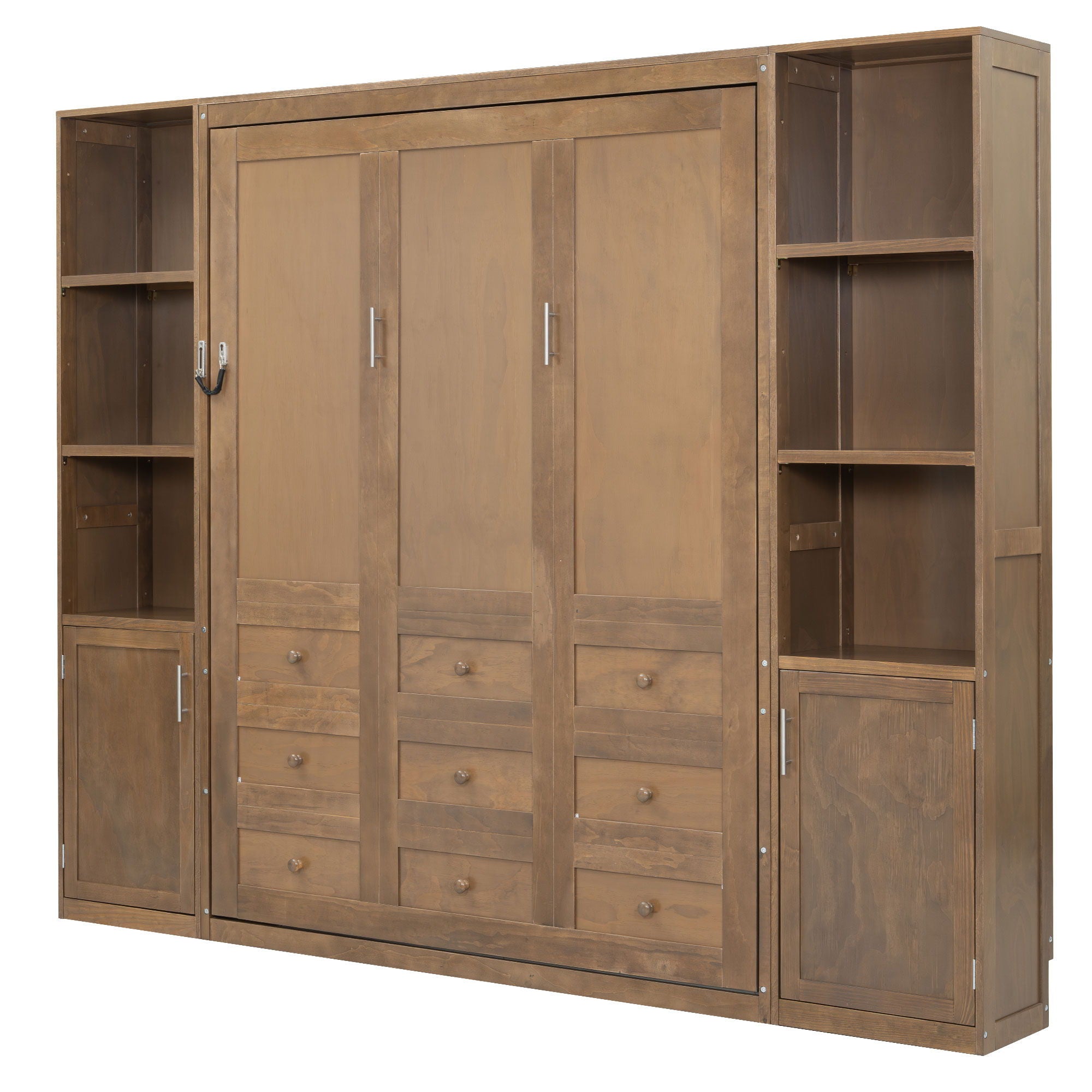 Queen Size Murphy Bed With Storage Shelves And Cabinets - Wood