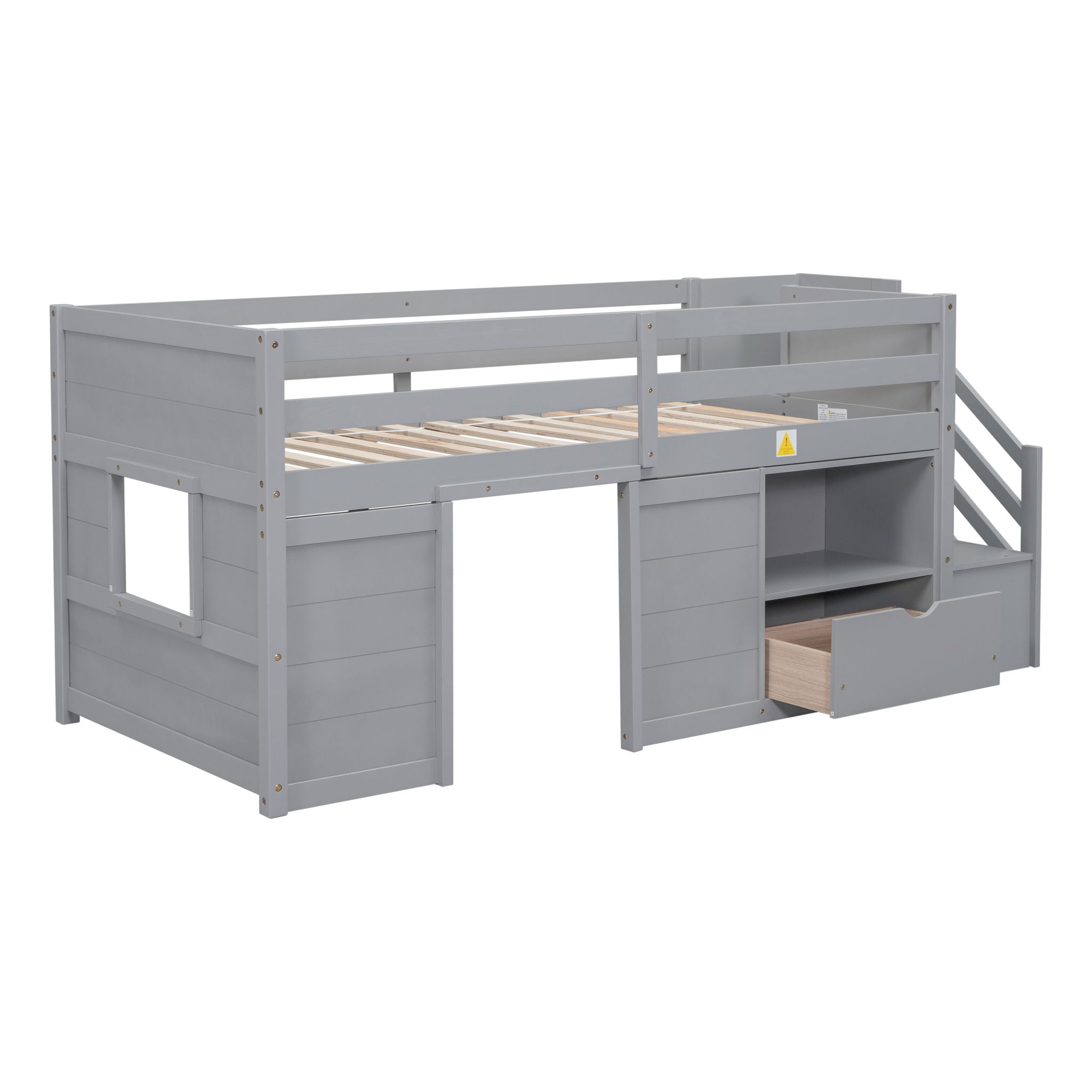 Low Loft Bed With Stair, Drawer, And Shelf