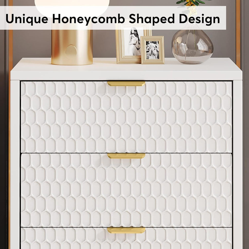 3 Drawer Nightstand With Hexagon Pattern, Storage Table For Living - White
