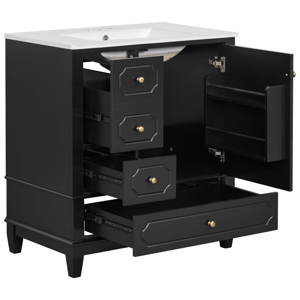 Bathroom Vanity With Sink, Freestanding Vanity Cabinet With Ceramic Basin, Soft Close Door, 3 Drawers
