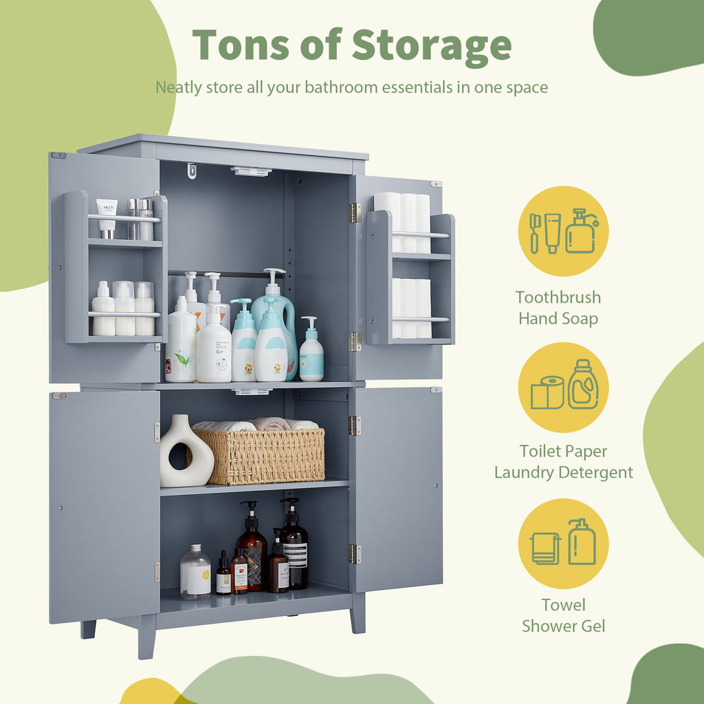 Elegant Bathroom Floor Storage Cabinet With 4 Doors, Adjustable Shelves